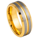 8mm Yellow & Silver Tungsten Brushed Double-Groove Band on white background