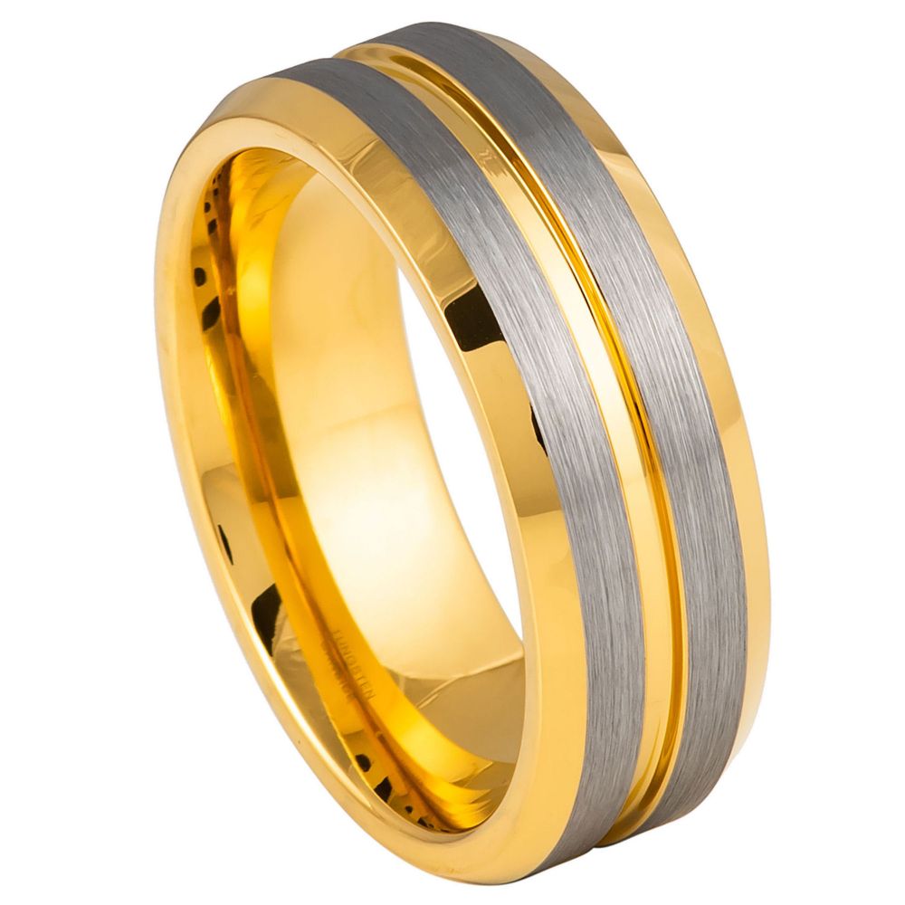 8mm Yellow & Silver Tungsten Brushed Double-Groove Band on white background