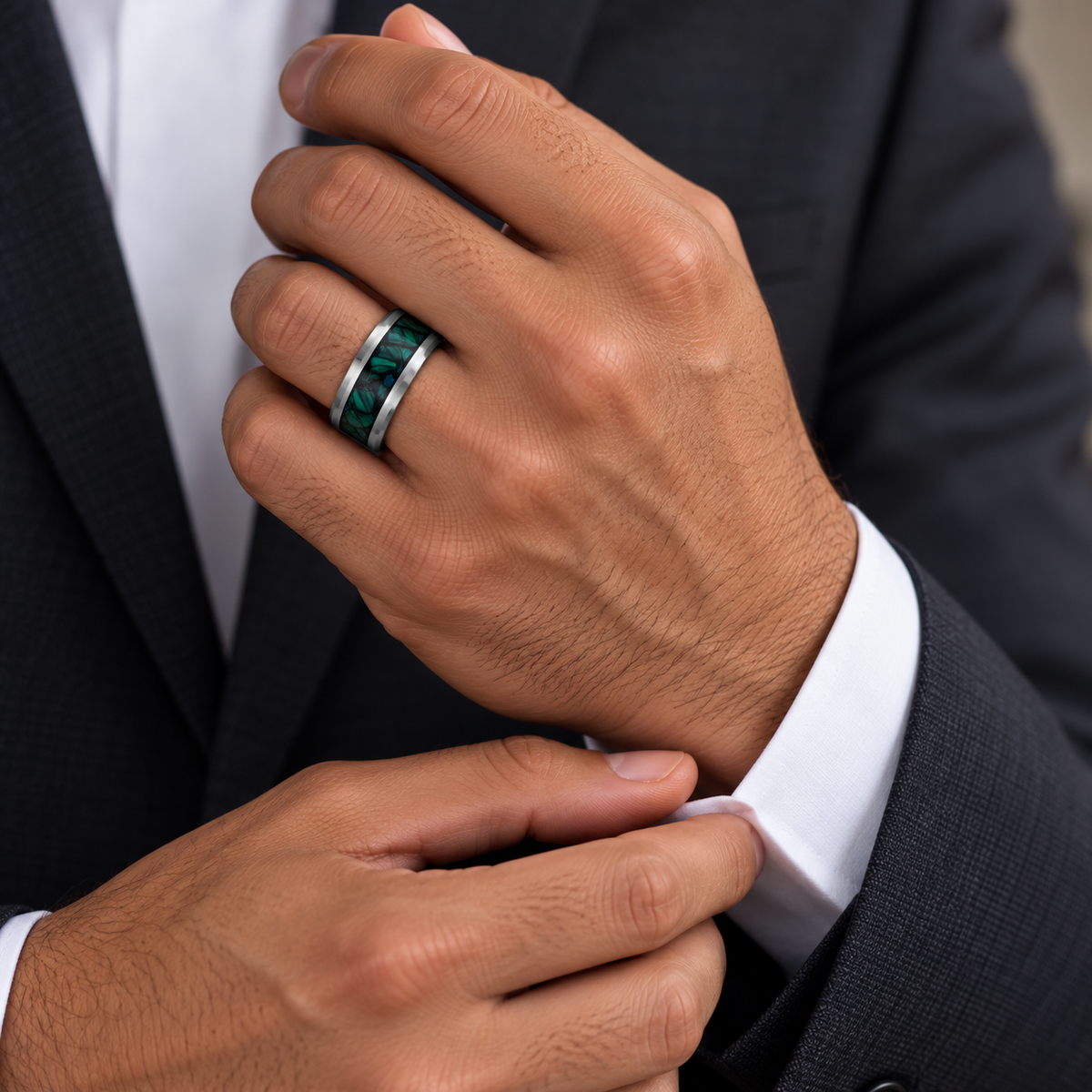 8mm Silver Tungsten Band with Malachite Inlay worn on hand lifestyle view — TR1001