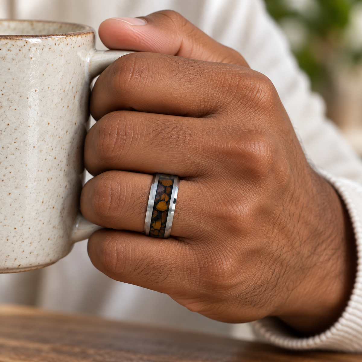 8mm Silver Tungsten Band with Tiger Eye Inlay worn on hand lifestyle view — TR1002