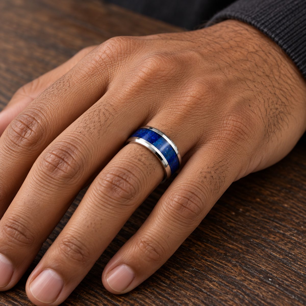8mm Silver Tungsten Band with Lapis Lazuli Inlay worn on hand lifestyle view — TR1003