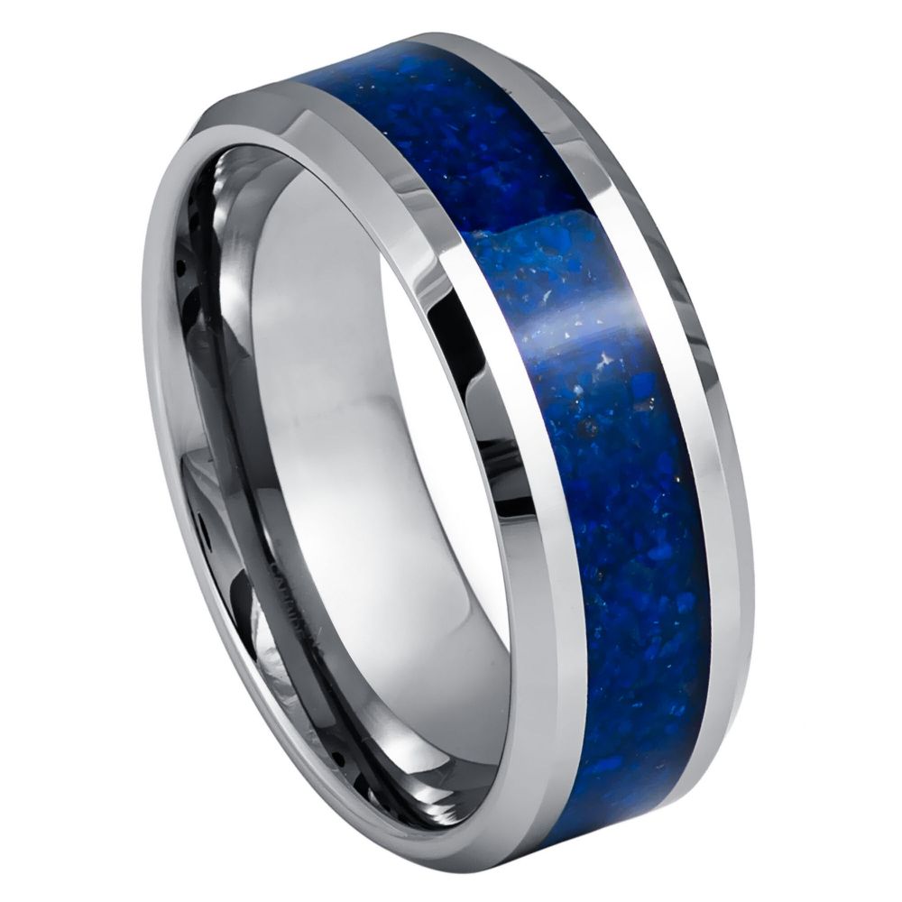 8mm Silver Tungsten Band with Lapis Lazuli Inlay on white background