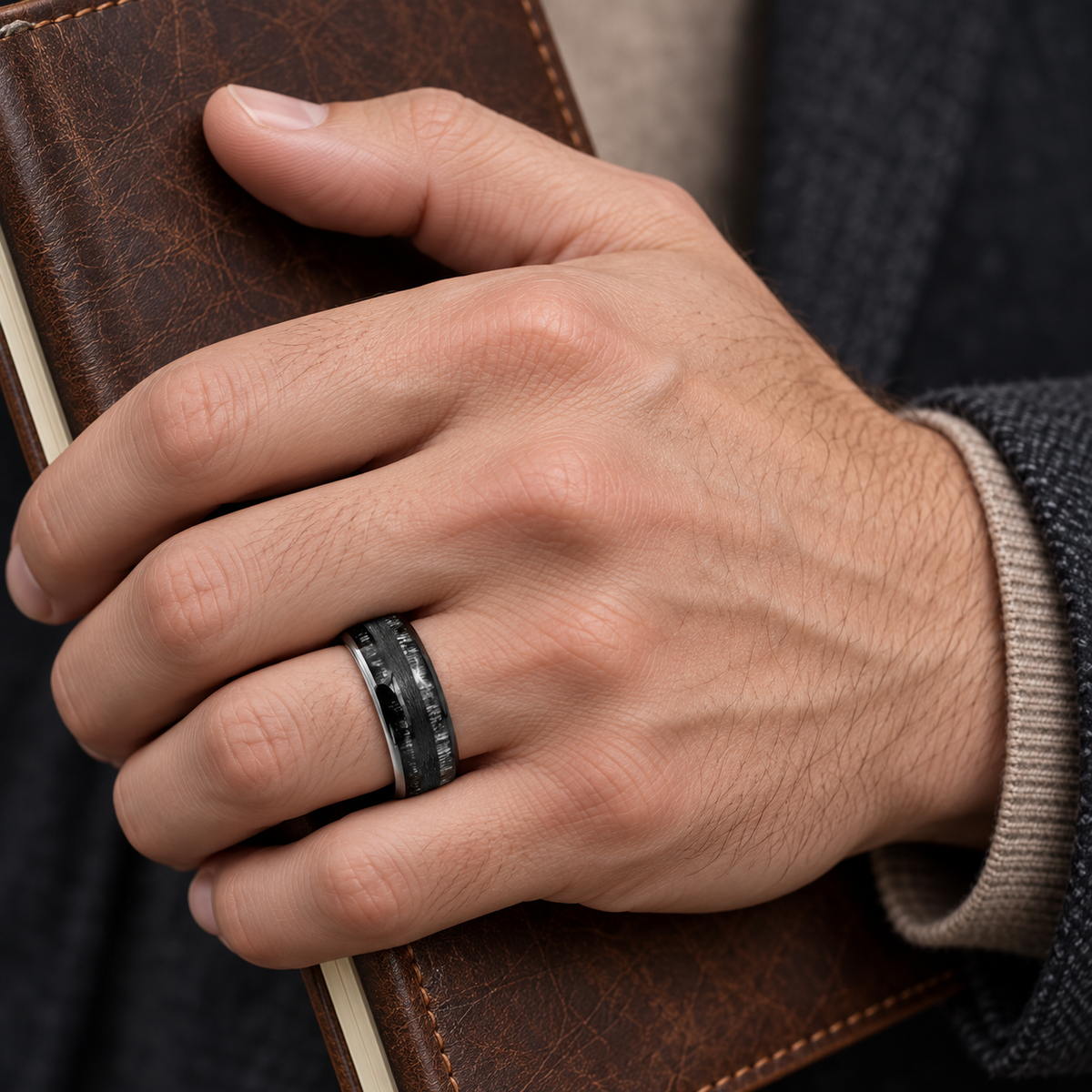 8mm Black Tungsten Rough-Hammered Band worn on hand lifestyle view — TR1004