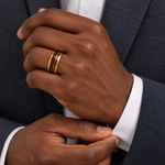 8mm Yellow Tungsten Band with Koa Wood Inlay worn on hand lifestyle view — TR1005