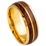 8mm Yellow Tungsten Band with Koa Wood Inlay on white background