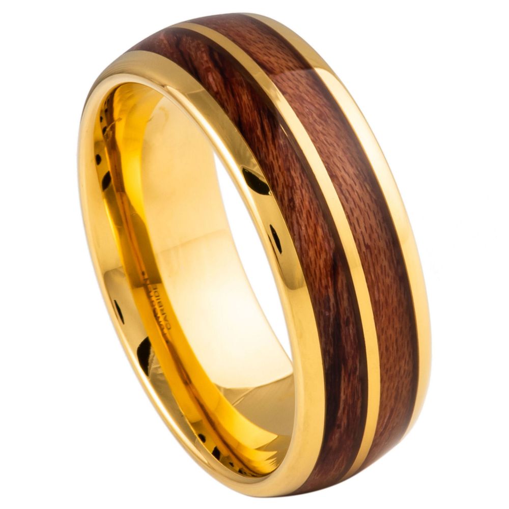 8mm Yellow Tungsten Band with Koa Wood Inlay on white background