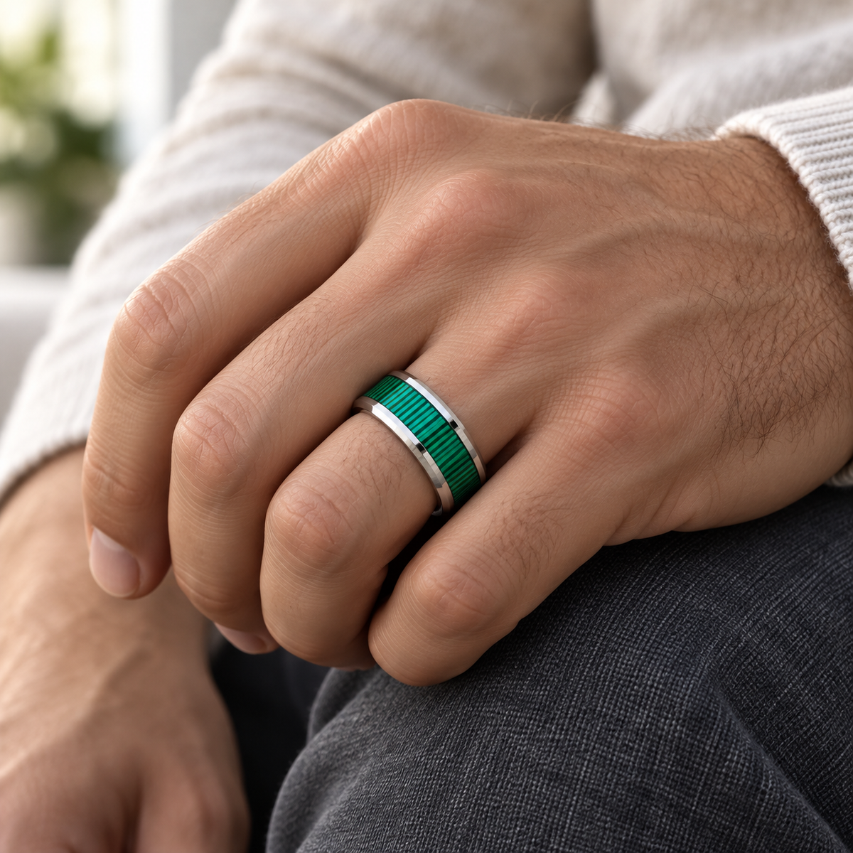 8mm Silver Tungsten Band with Green Malachite Inlay - lifestyle