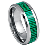 8mm Silver Tungsten Band with Green Malachite Inlay - white background