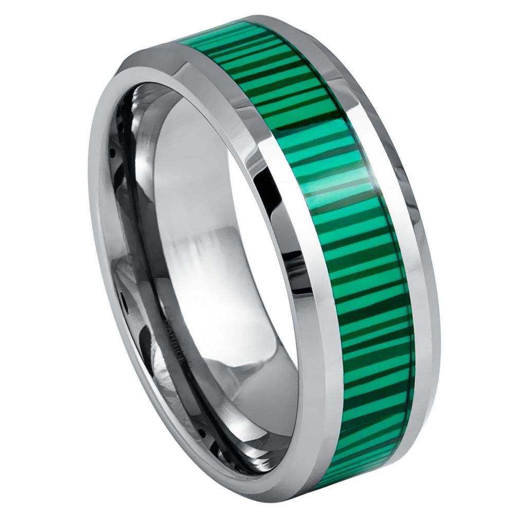 8mm Silver Tungsten Band with Green Malachite Inlay - white background