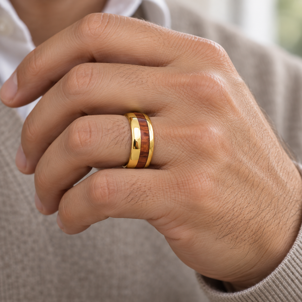 8mm Yellow Tungsten Band with Koa Wood Inlay - lifestyle