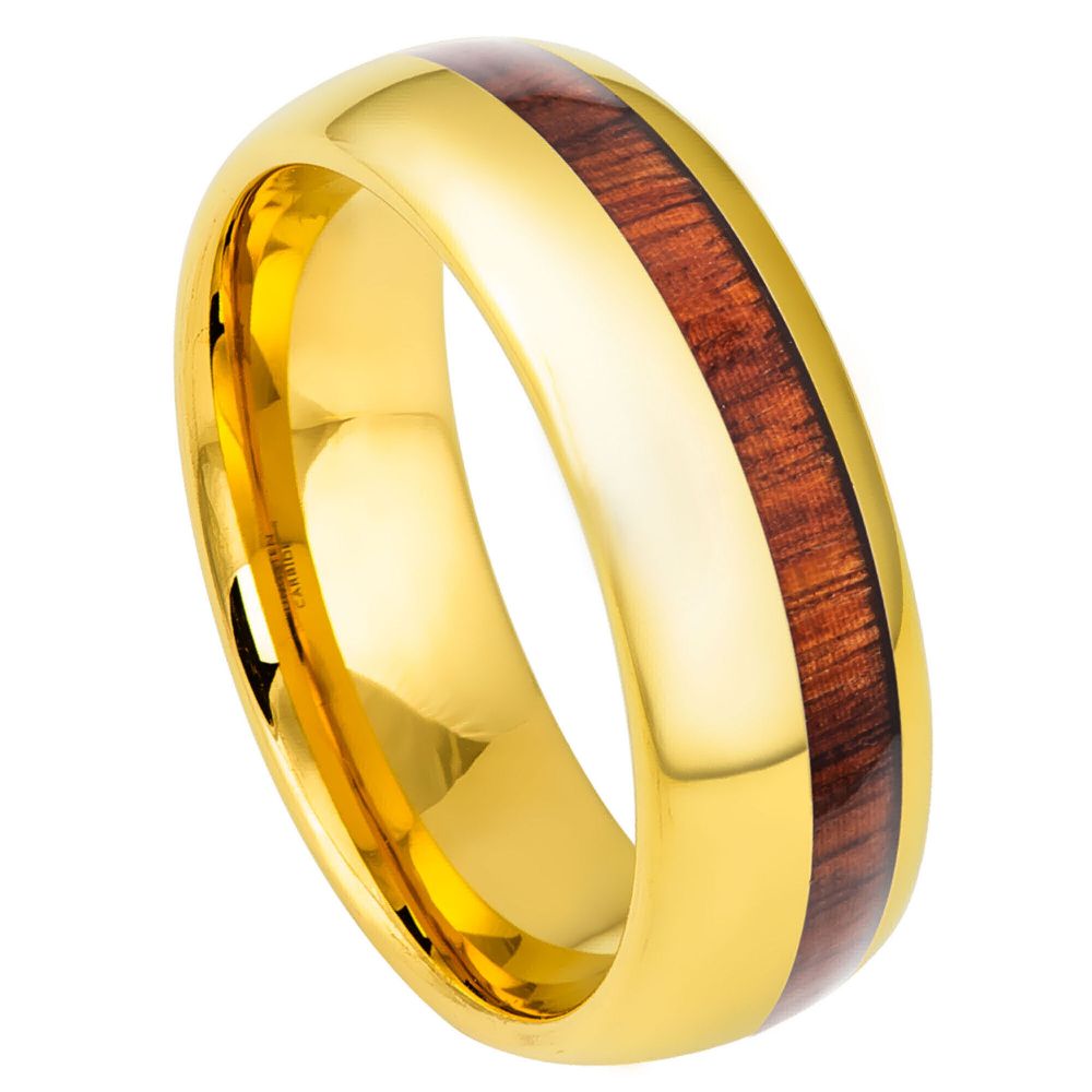 8mm Yellow Tungsten Band with Koa Wood Inlay - white background
