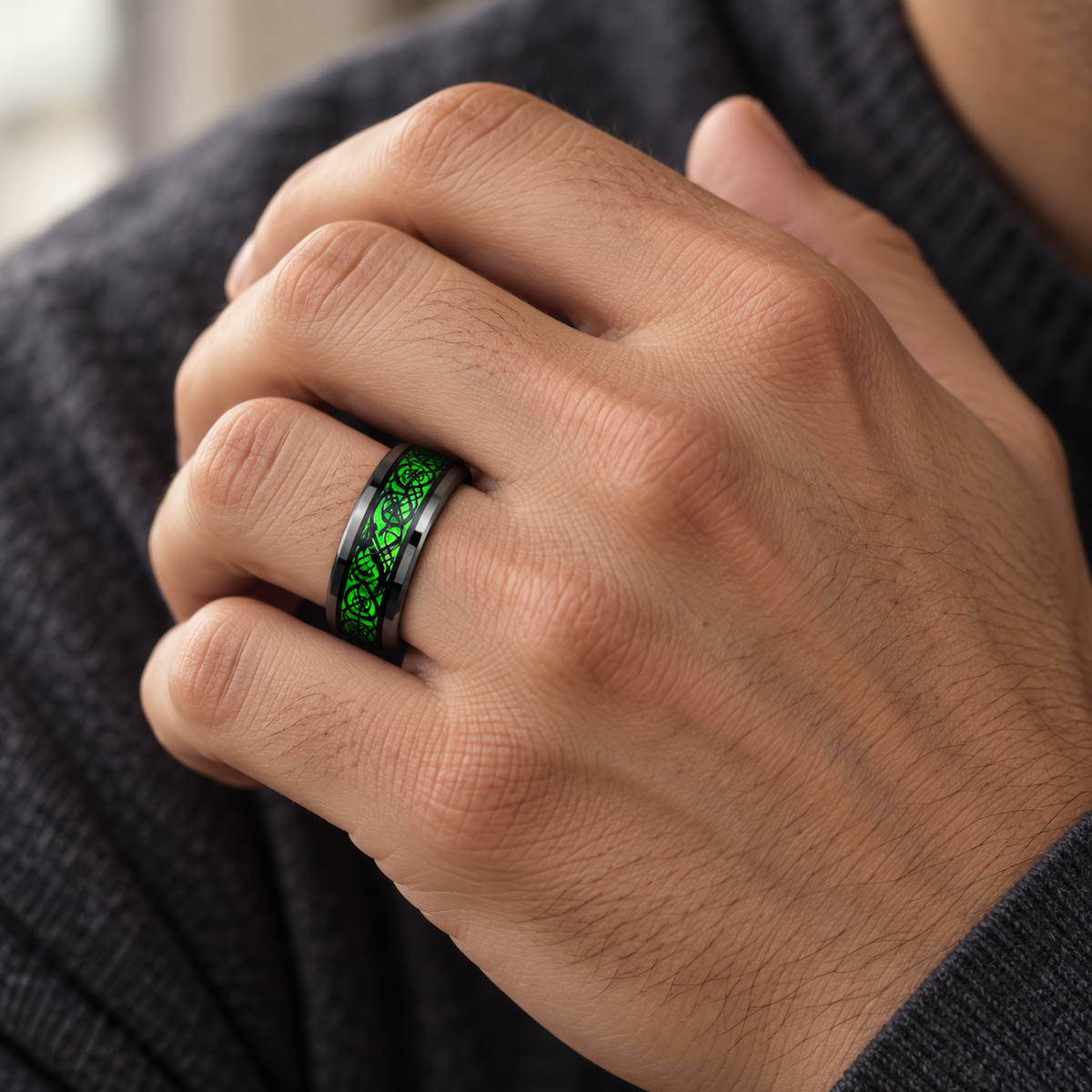 8mm Black Tungsten Celtic Band with Green Inlay - lifestyle