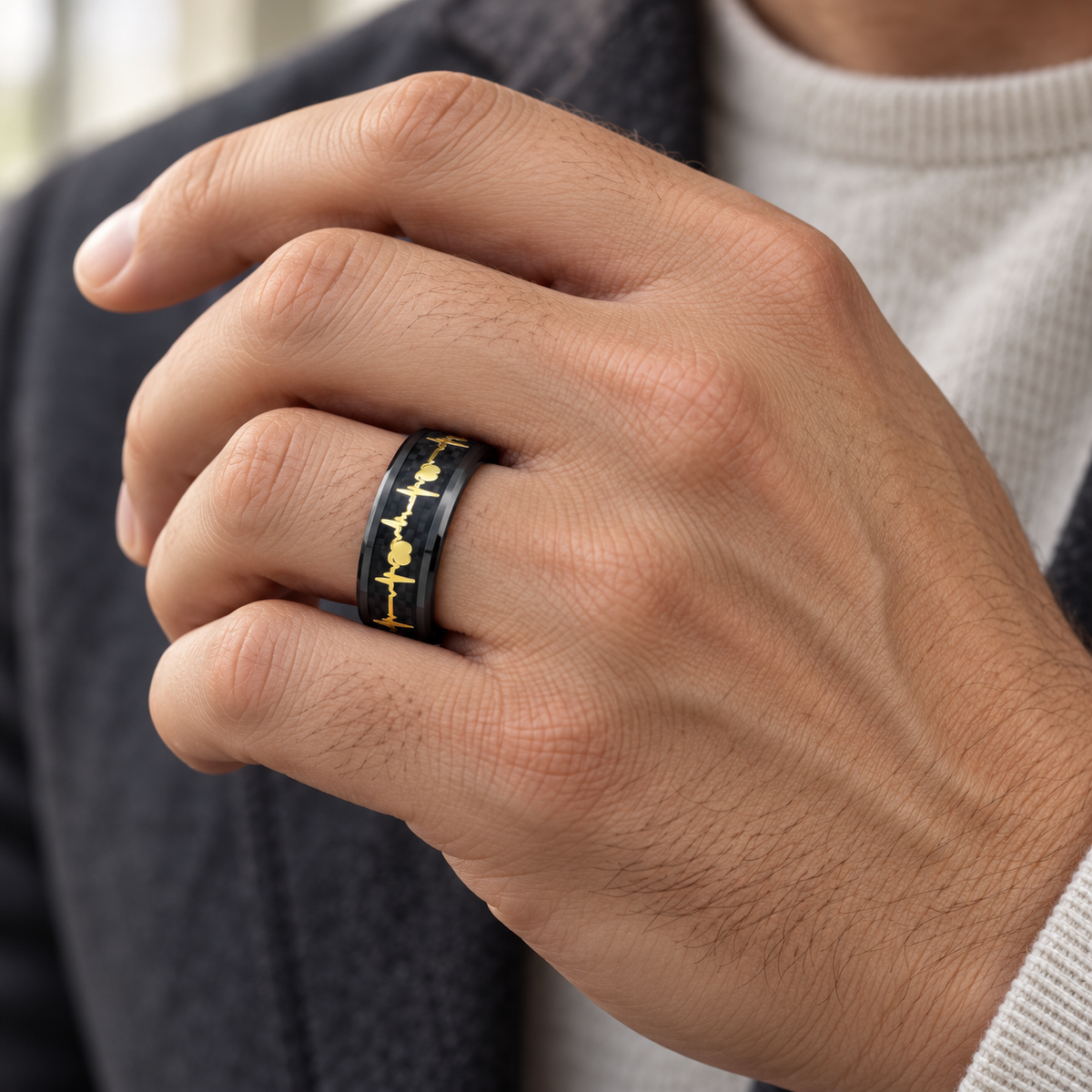 8mm Black Tungsten Heartbeat Band with Yellow Inlay - lifestyle