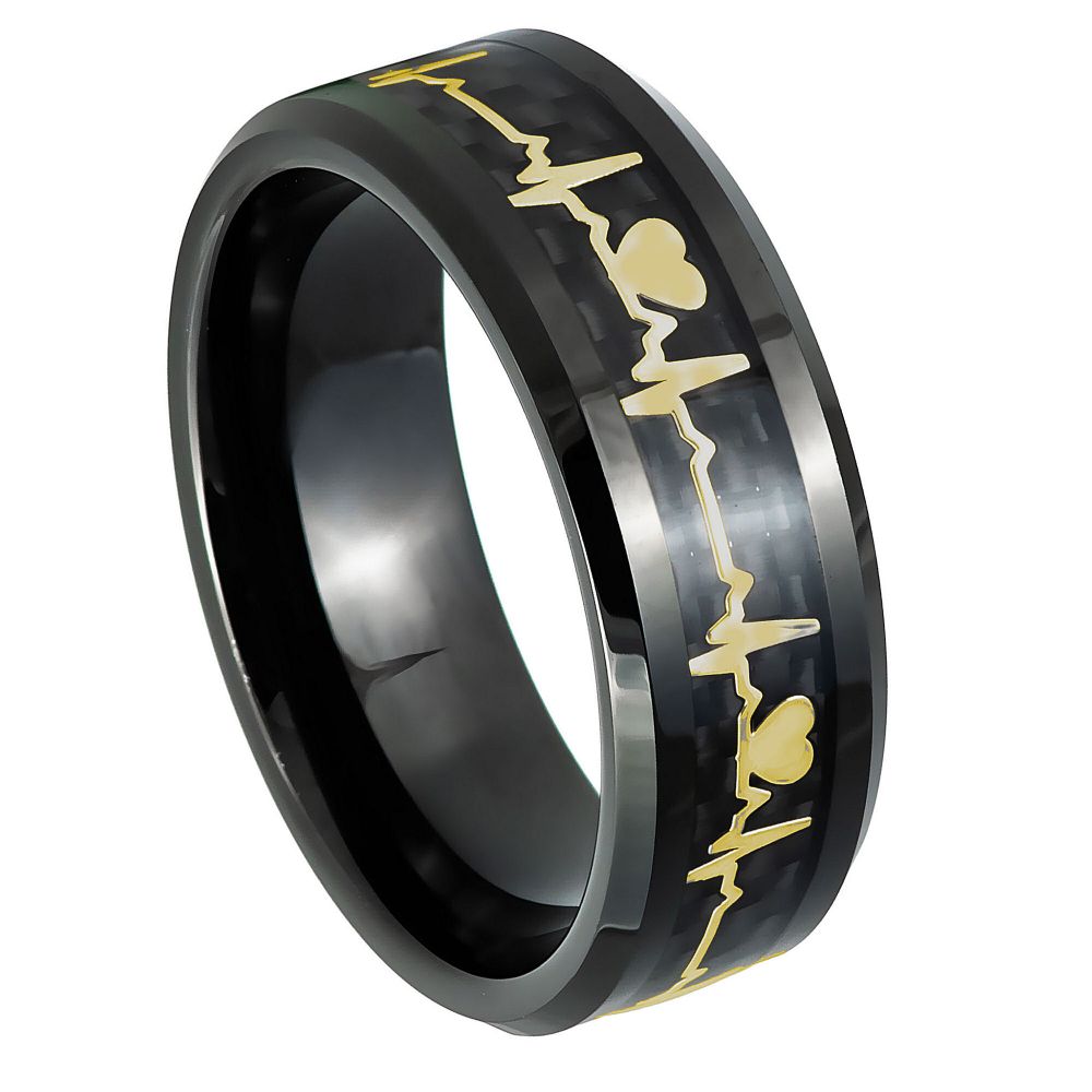 8mm Black Tungsten Heartbeat Band with Yellow Inlay - white background
