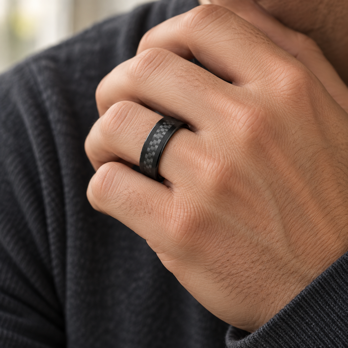 8mm Black Tungsten Band with Carbon Fiber Inlay - lifestyle