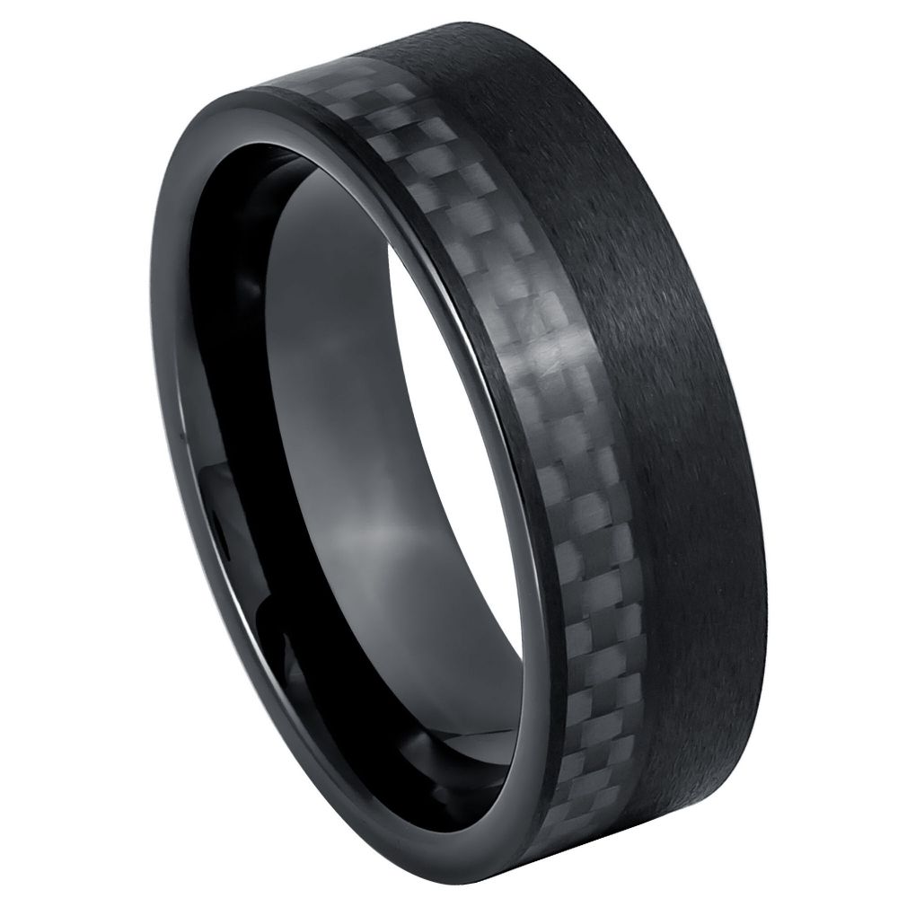 8mm Black Tungsten Band with Carbon Fiber Inlay - white background