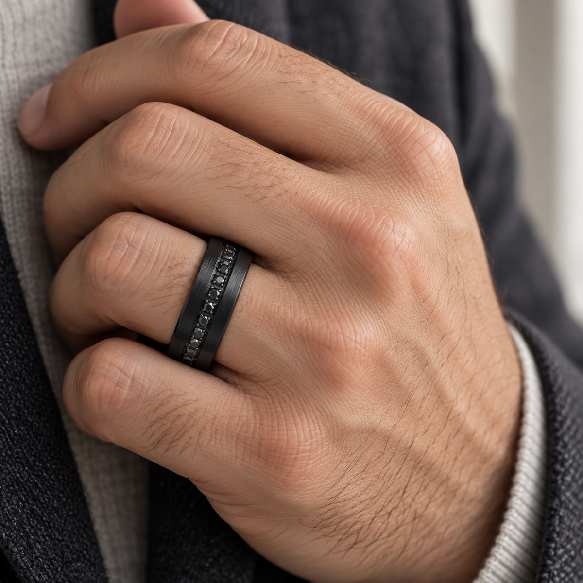 8mm Black Tungsten Band with Black Stone Channel - lifestyle