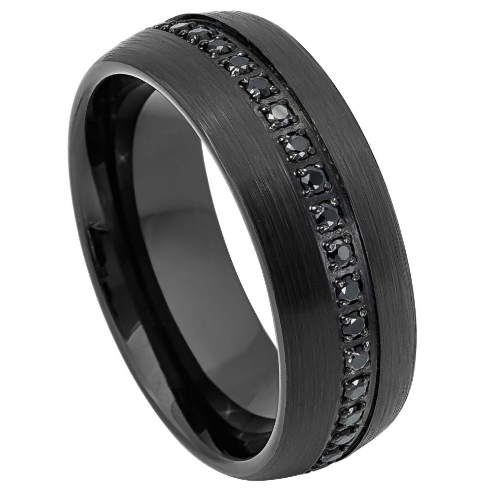 8mm Black Tungsten Band with Black Stone Channel - white background