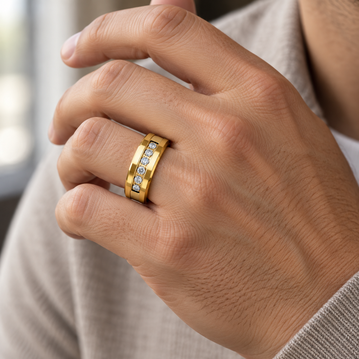 8mm Yellow Tungsten Band with White Stone Channel - lifestyle