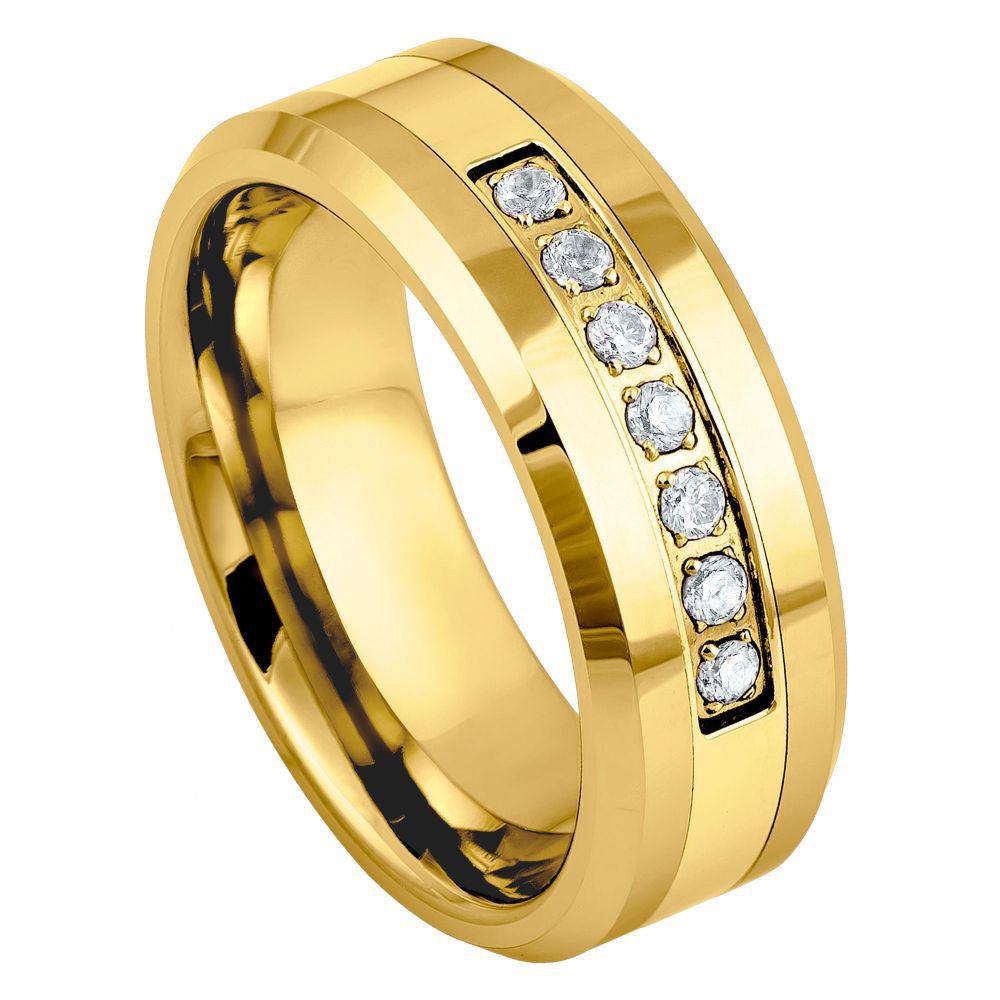 8mm Yellow Tungsten Band with White Stone Channel - white background