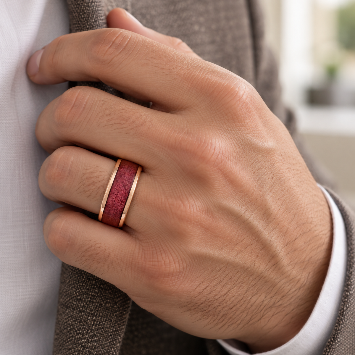 8mm Rose Tungsten Band with Red Brushed Center - lifestyle