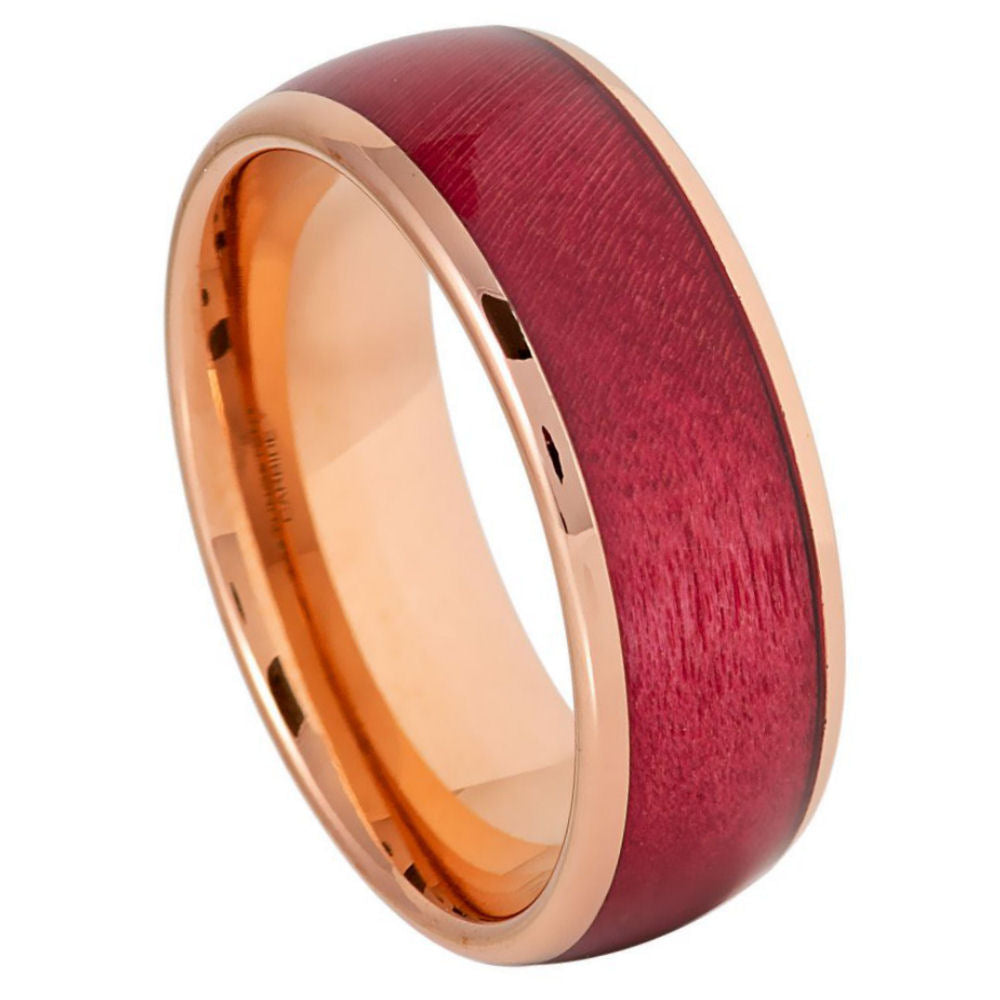 8mm Rose Tungsten Band with Red Brushed Center - white background