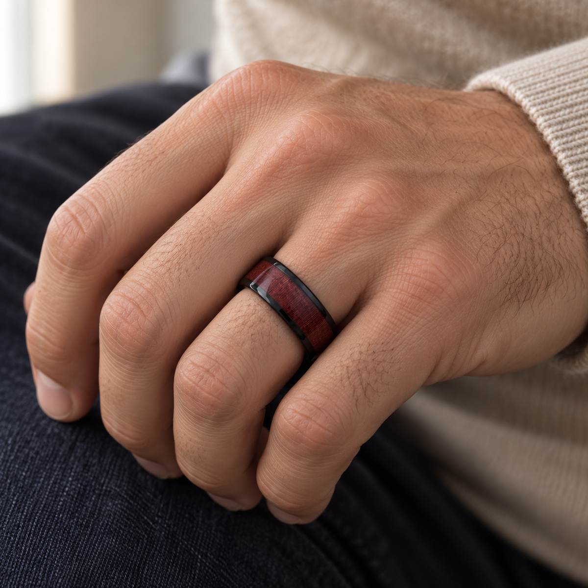 8mm Black Tungsten Band with Red Wood Inlay - lifestyle