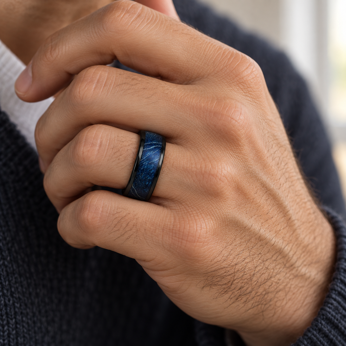 8mm Black Tungsten Band with Blue Textured Inlay - lifestyle