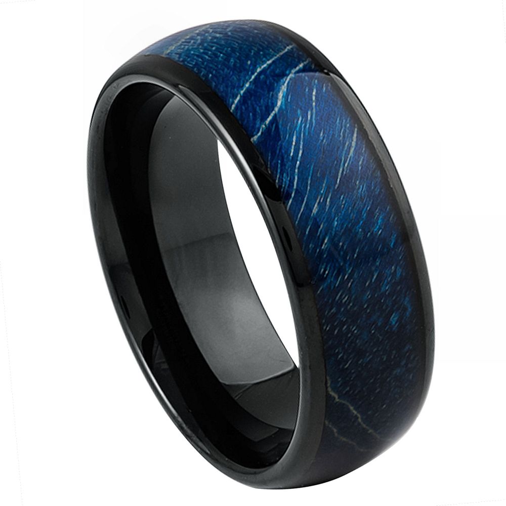 8mm Black Tungsten Band with Blue Textured Inlay - white background