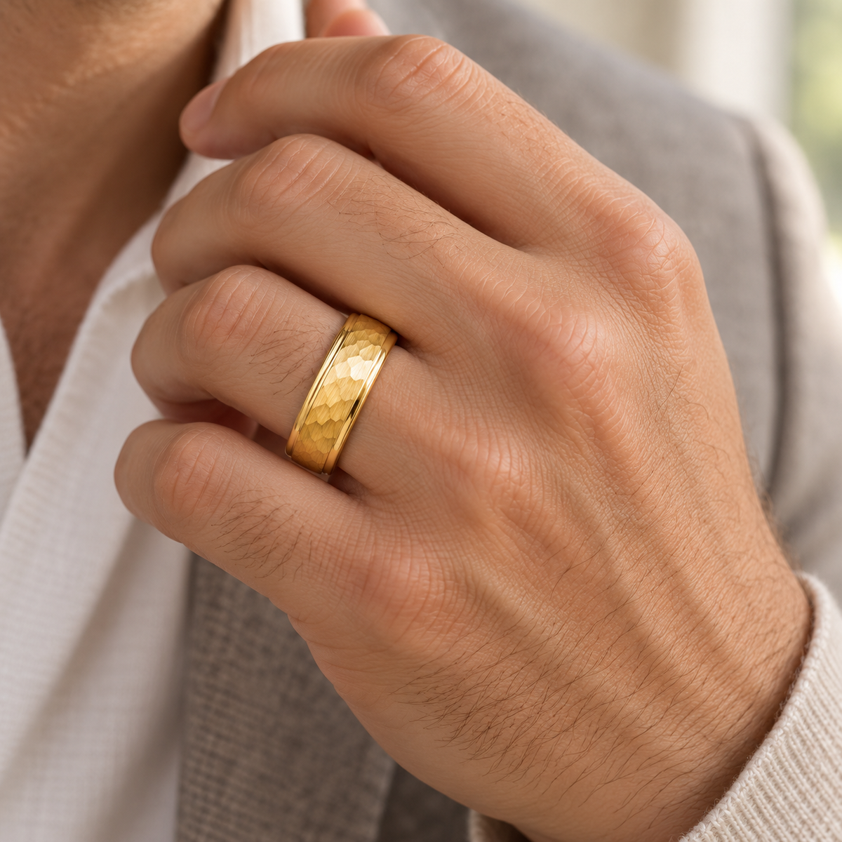 6mm Yellow Tungsten Hammered Band - lifestyle