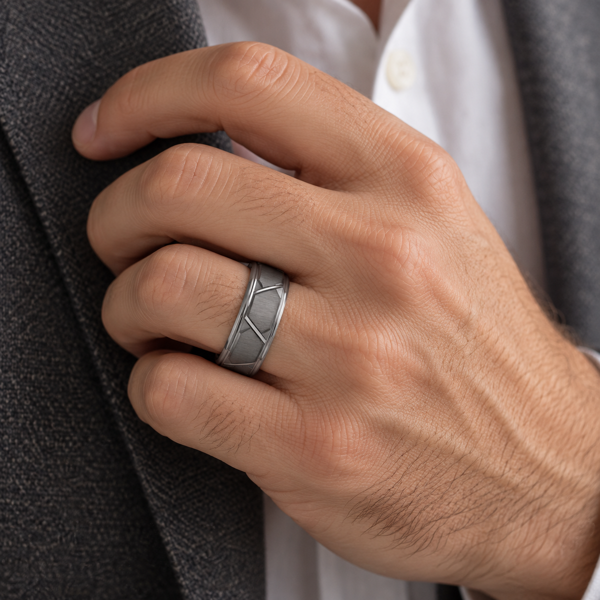 8mm Gunmetal Tungsten Geometric Grooved Band - lifestyle