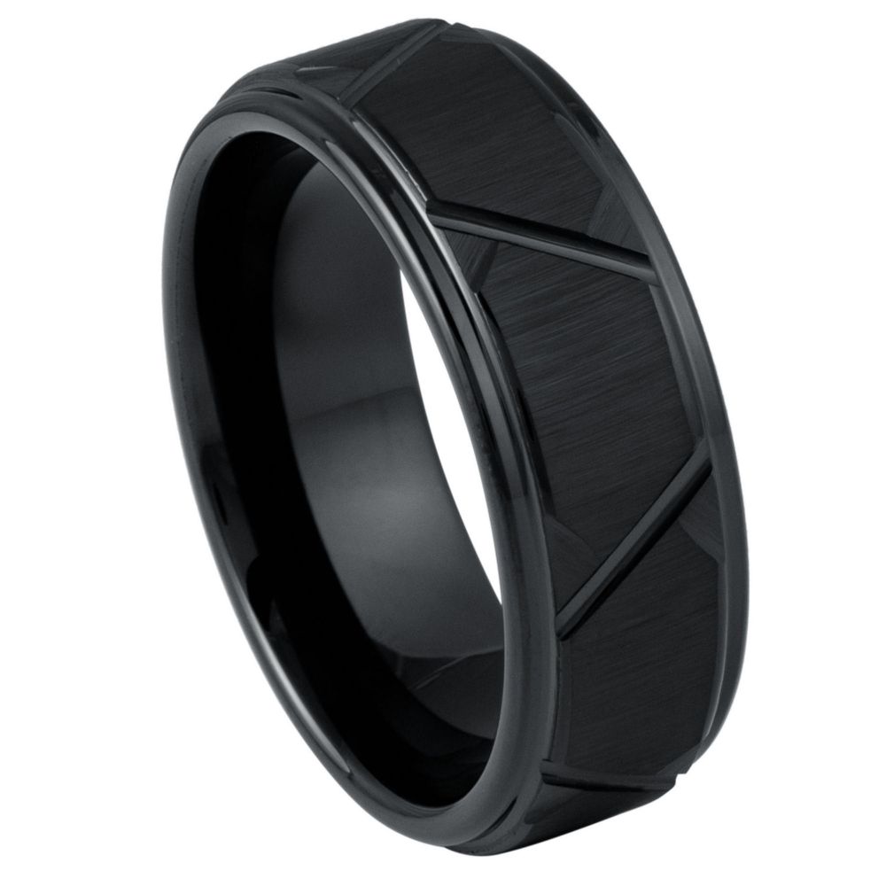 8mm Black Tungsten Geometric Grooved Band - white background