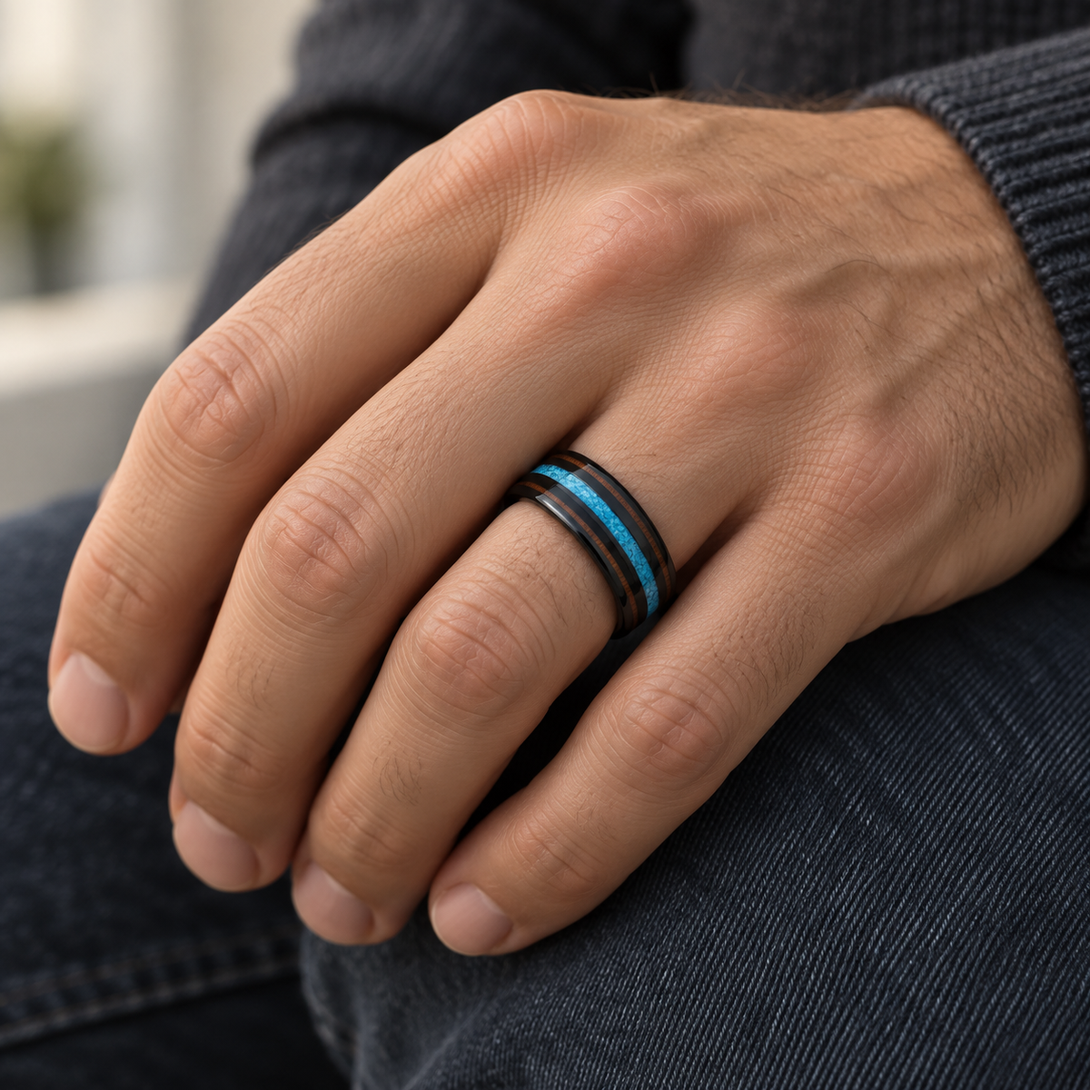 6mm Black Tungsten Band with Koa Wood and Turquoise Inlay - lifestyle