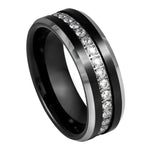 8mm Black Tungsten Band with White Stone Channel - white background