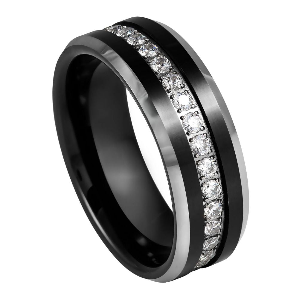 8mm Black Tungsten Band with White Stone Channel - white background