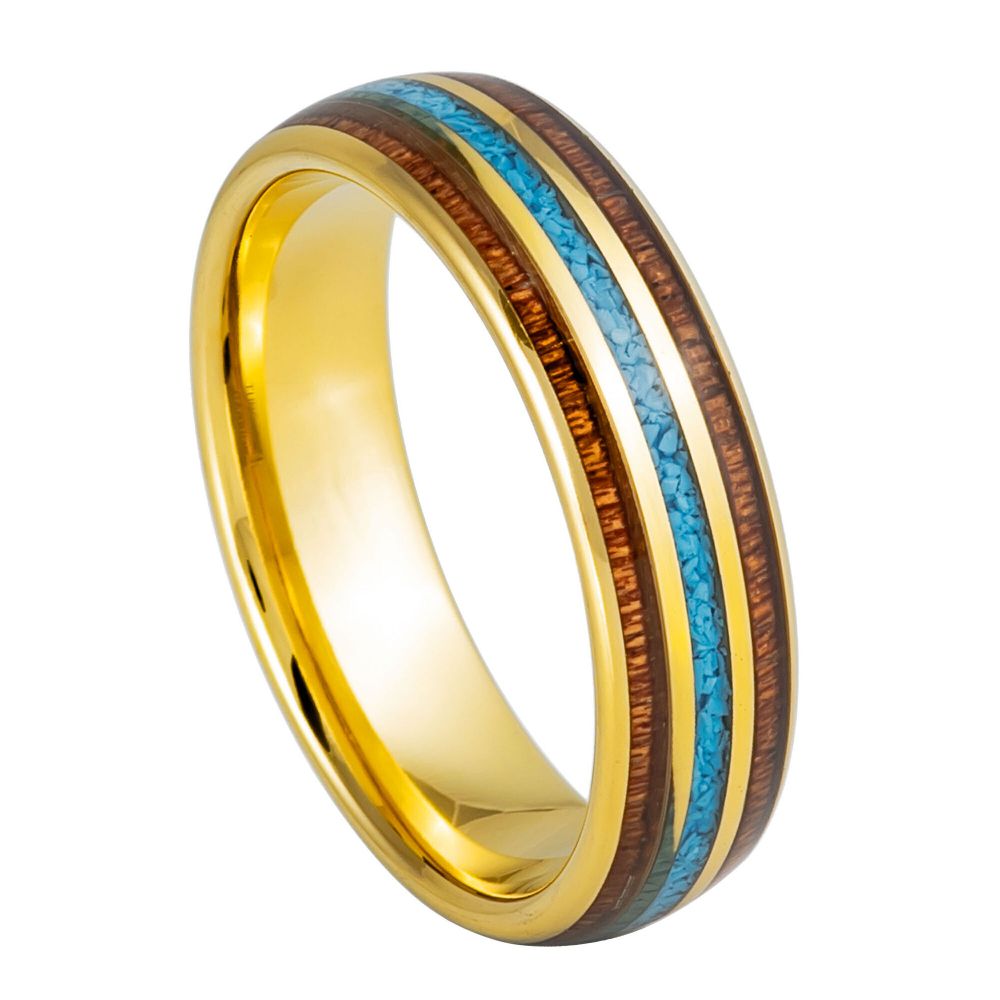6mm Yellow Tungsten Band with Rosewood and Turquoise Inlay - white background