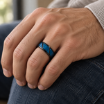 8mm Black Tungsten Band with Blue Geometric Inlay - lifestyle