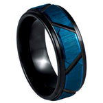 8mm Black Tungsten Band with Blue Geometric Inlay - white background