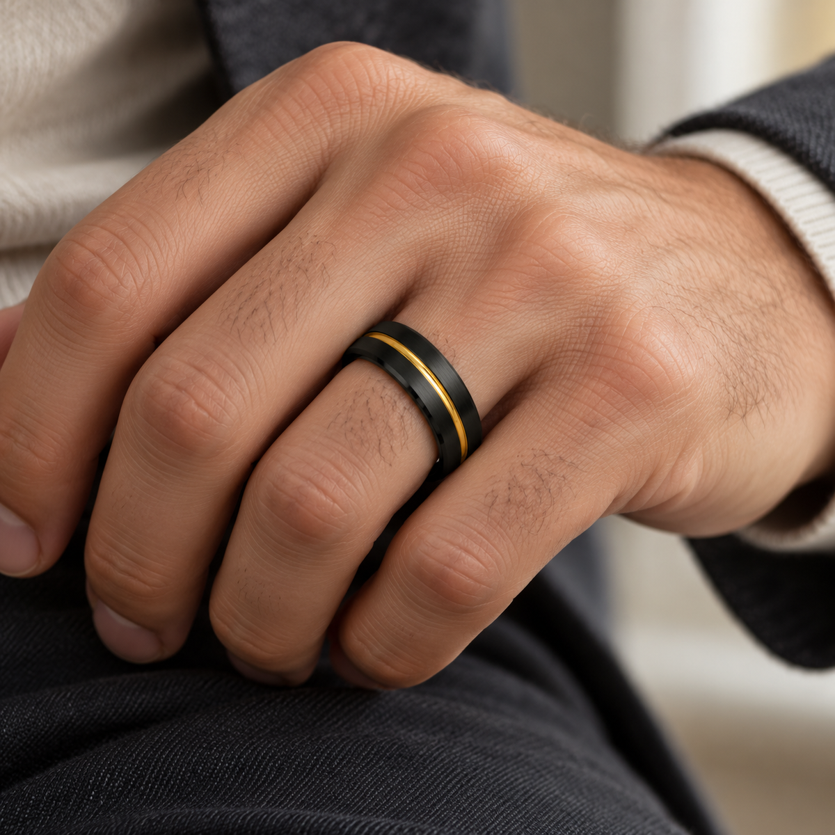 6mm Black Tungsten Band with Yellow Center Groove - lifestyle
