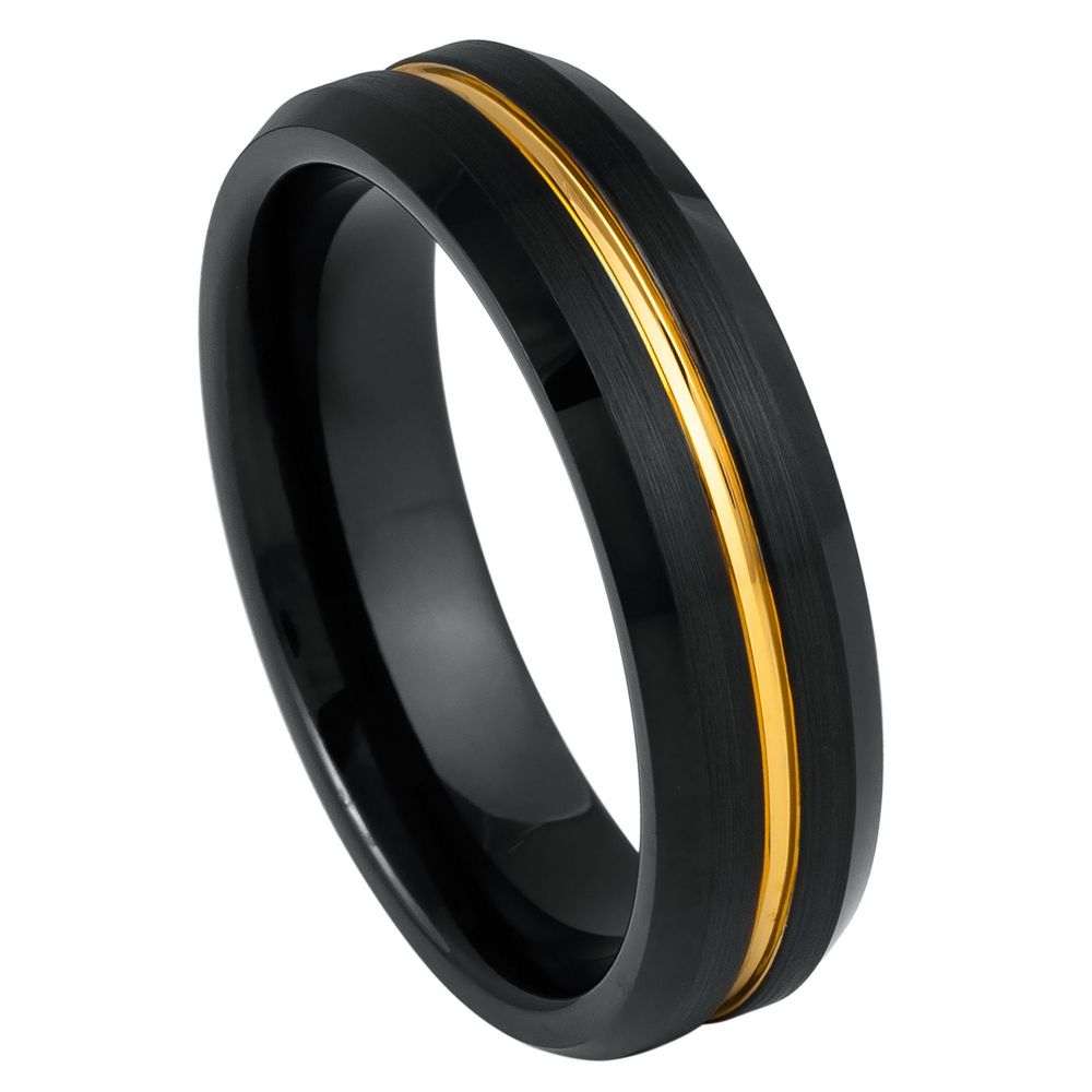 6mm Black Tungsten Band with Yellow Center Groove - white background