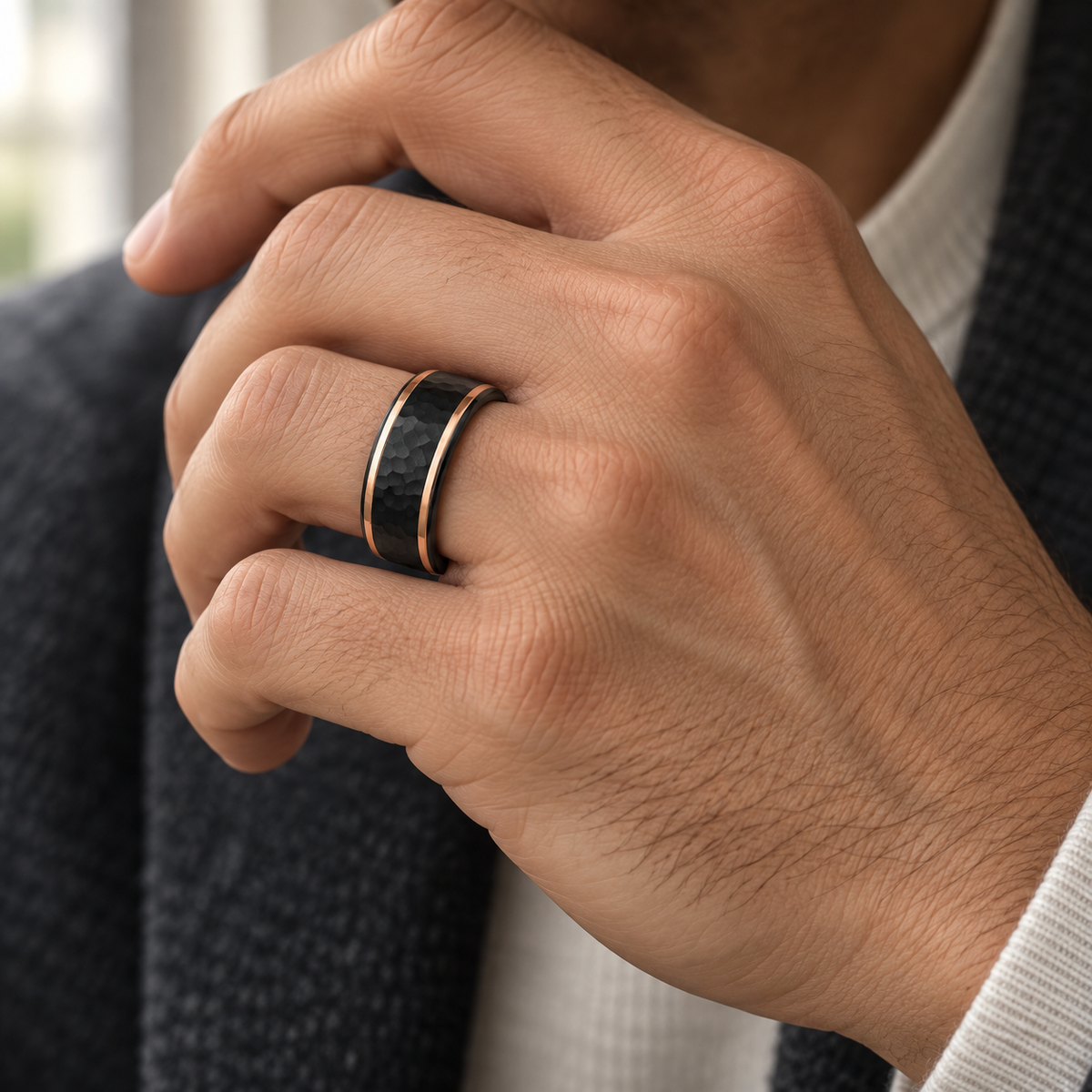 6mm Black and Rose Tungsten Hammered Band - lifestyle