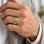 8mm Yellow Tungsten Band with Blue and White Bamboo Inlay - lifestyle