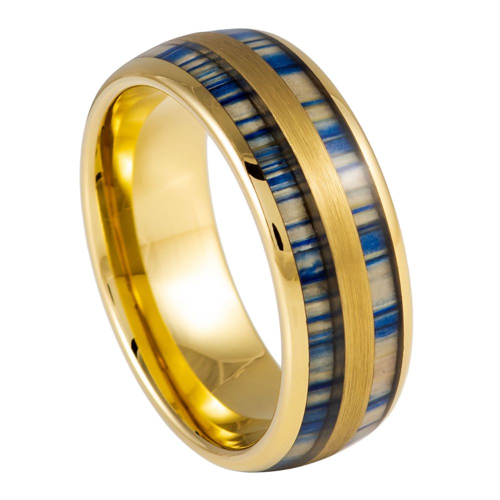 8mm Yellow Tungsten Band with Blue and White Bamboo Inlay - white background