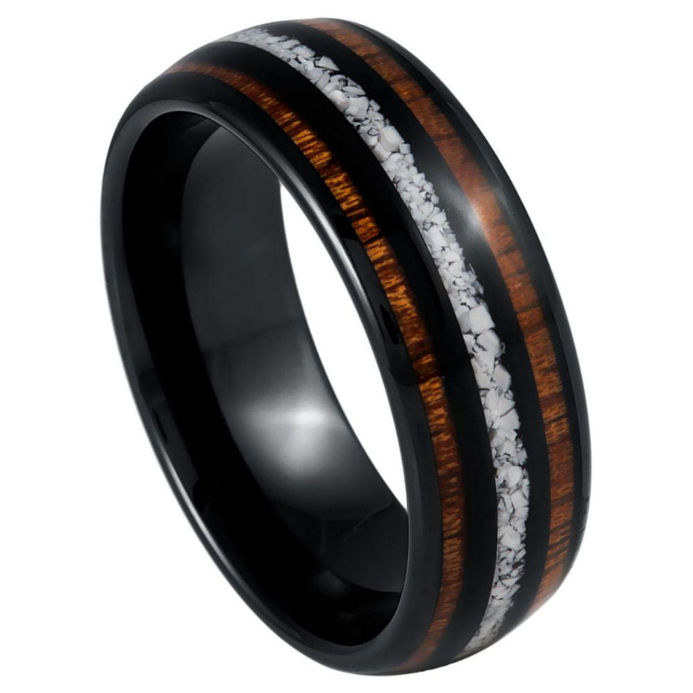 8mm Black Tungsten Band with Koa Wood and White Turquoise Inlay - white background