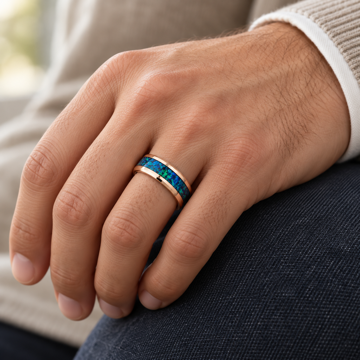 6mm Rose Tungsten Band with Abalone Inlay - lifestyle