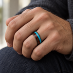 8mm Black Tungsten Band with Wood and Turquoise Inlay - lifestyle
