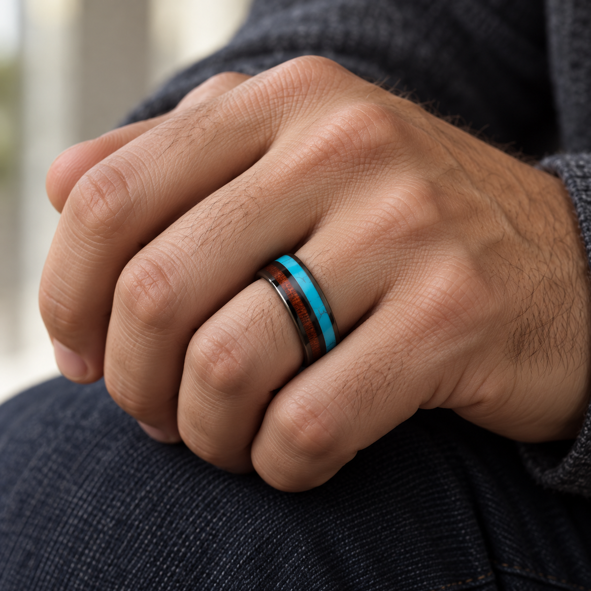 8mm Black Tungsten Band with Wood and Turquoise Inlay - lifestyle