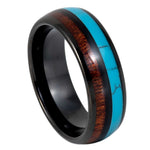 8mm Black Tungsten Band with Wood and Turquoise Inlay - white background