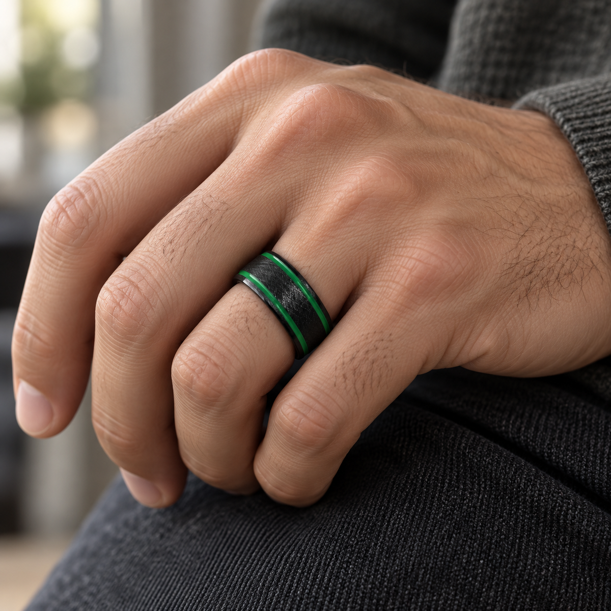 8mm Black Tungsten Band with Double Green Grooves - lifestyle