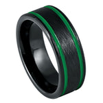 8mm Black Tungsten Band with Double Green Grooves - white background